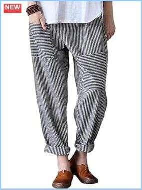 Cotton Linen Striped Wide Leg Harem Pants Baggy Relaxed Fit